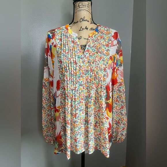 Hope Springs bright floral semi sheer pleated button front blouse XL Vaca travel - Picture 2 of 8